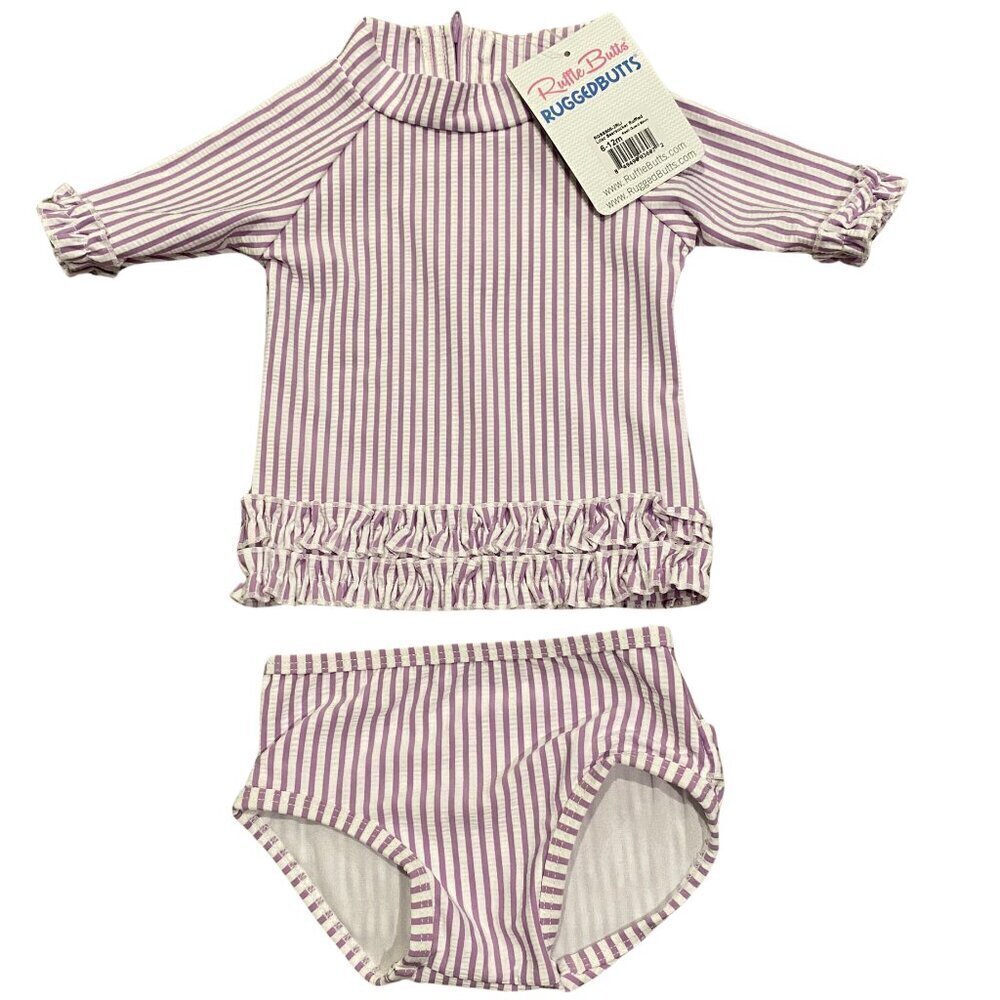 Ruffle Butts 3 piece Purple & White Seersucker Swimsuit & Hat - New! - Picture 2 of 6